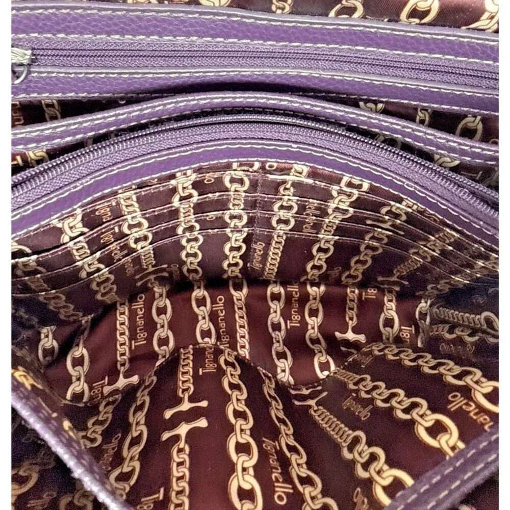 Tignanello Fab Function Dome Satchel Plum Purple Pebbled Leather Crossbody Strap